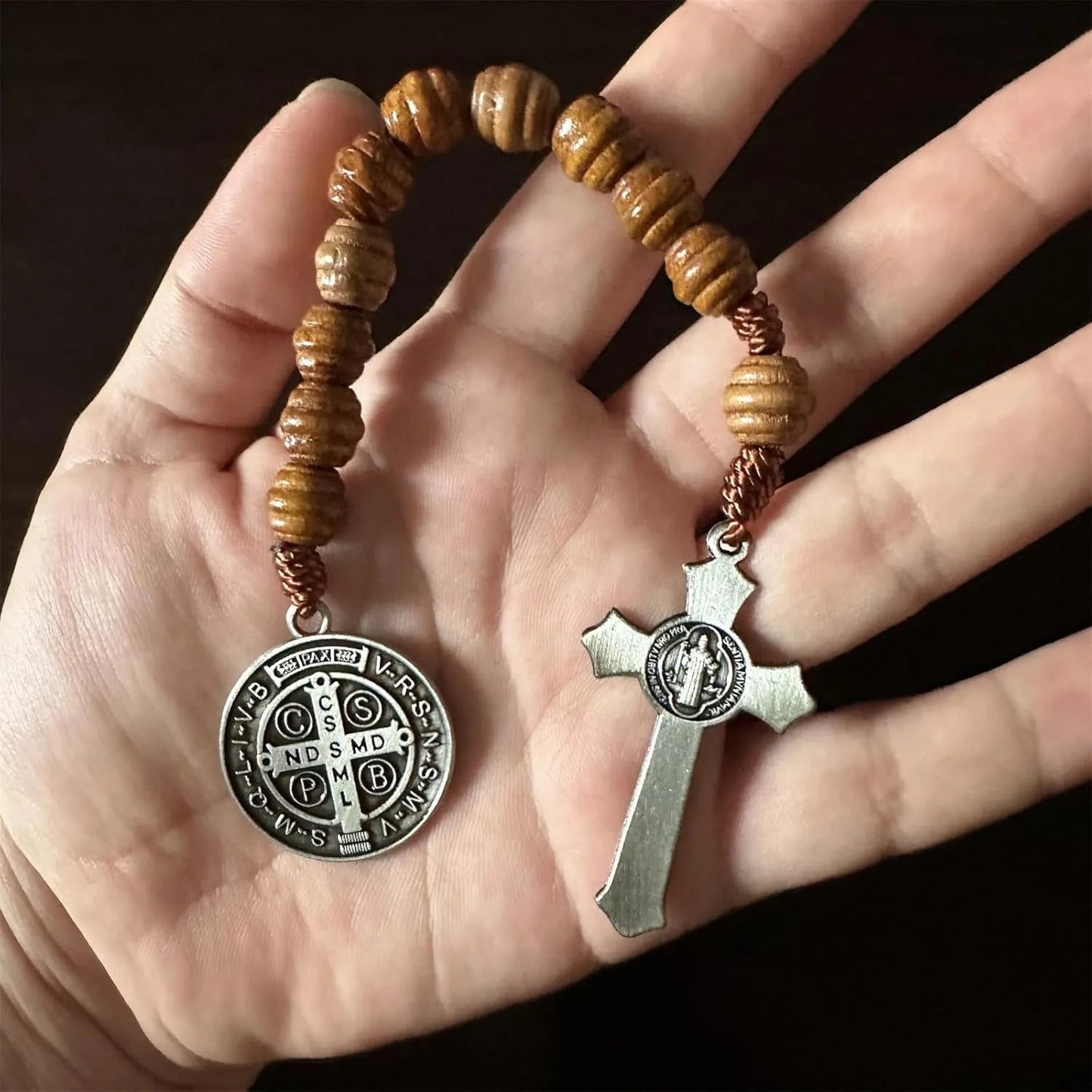 Saint Benedict Pocket Rosary with Brown Wooden Beads