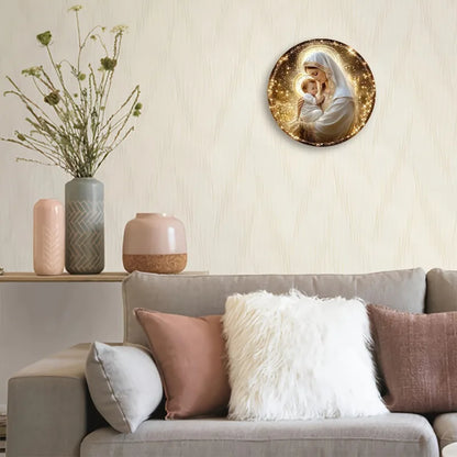 Round Aluminum Sign: Virgin Mary and Child Glowing Art