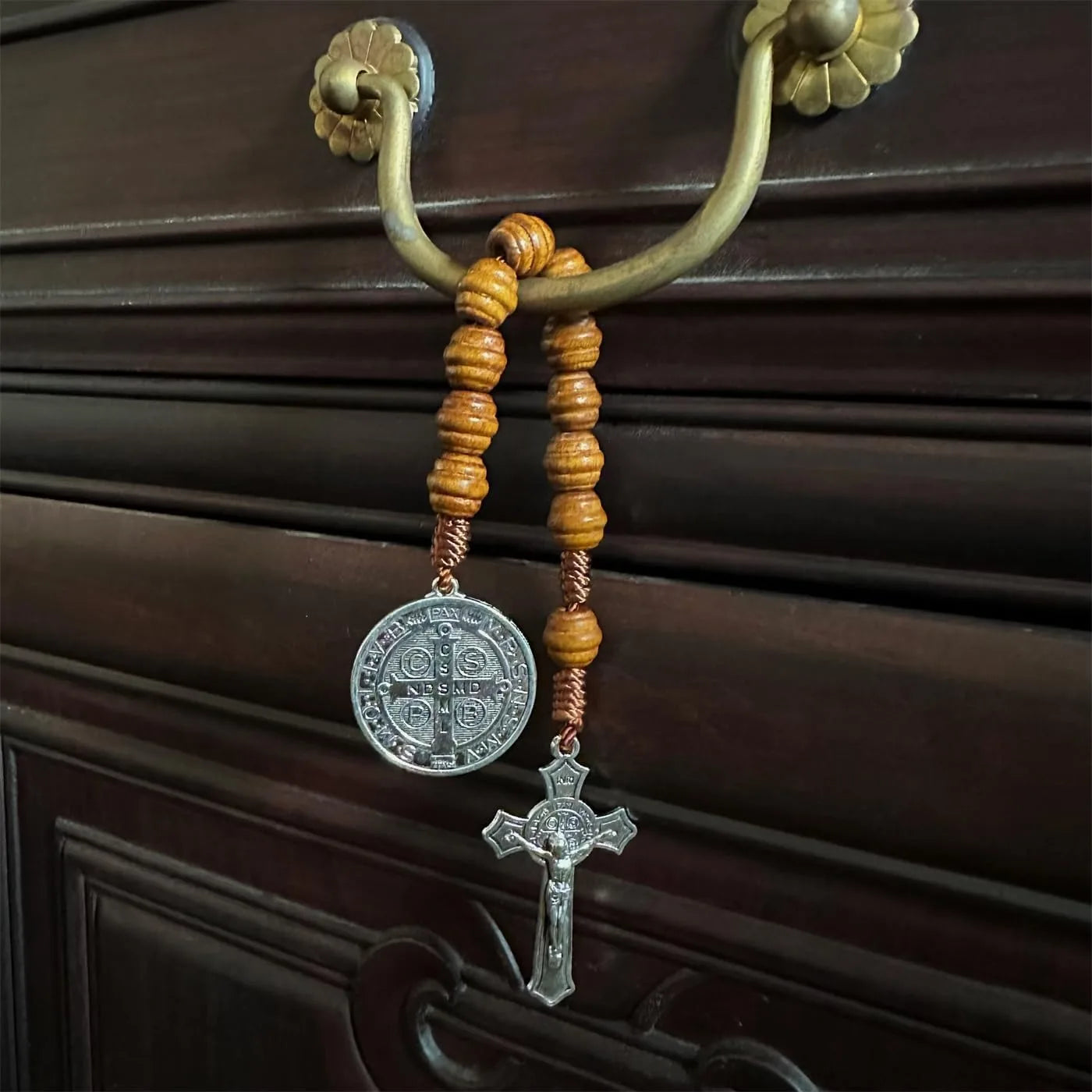 Saint Benedict Pocket Rosary with Brown Wooden Beads