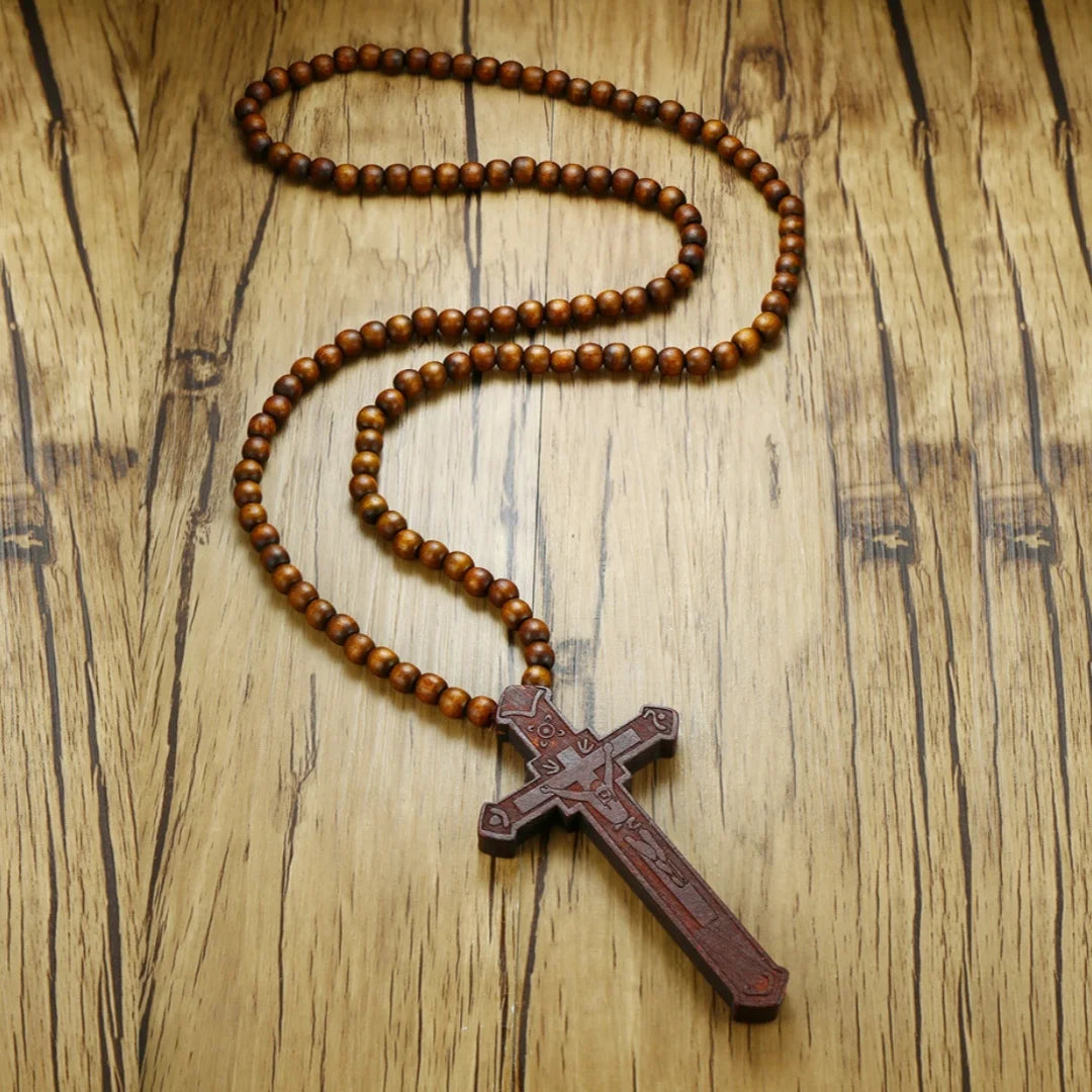 Large Wooden Rosary Necklace with Jesus Christ Cross Pendant