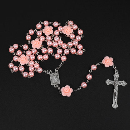 Pearl Rosary Necklace with Rose Beads and Cross Pendant