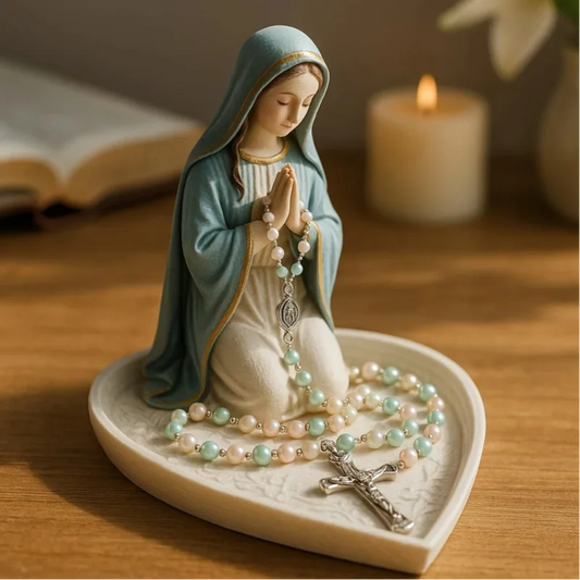 Catholic Rosary Holder & Jewelry Dish with Praying Mary or Jesus Statue