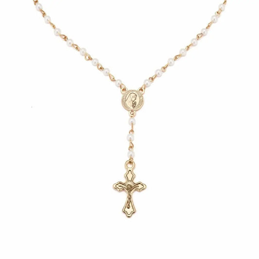 Elegant Pearl & Gold Rosary Necklace