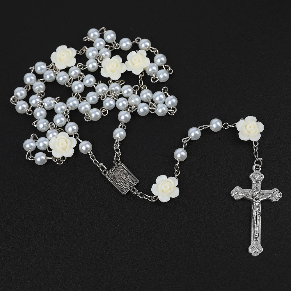 Pearl Rosary Necklace with Rose Beads and Cross Pendant