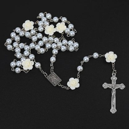 Pearl Rosary Necklace with Rose Beads and Cross Pendant