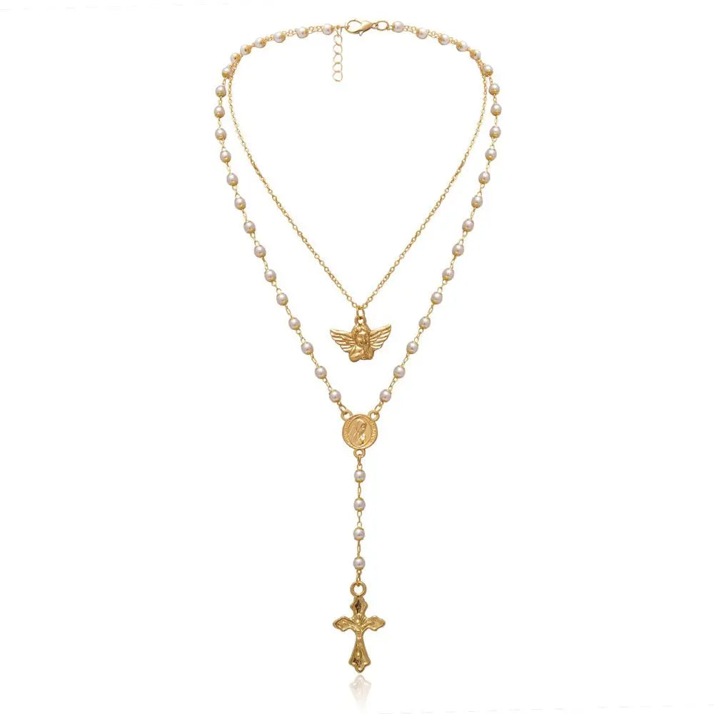Elegant Pearl & Gold Rosary Necklace