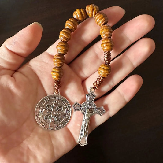 Saint Benedict Pocket Rosary with Brown Wooden Beads