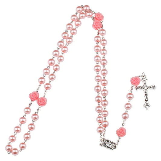 Rosary Necklace with Rose Glass Beads and Crucifix