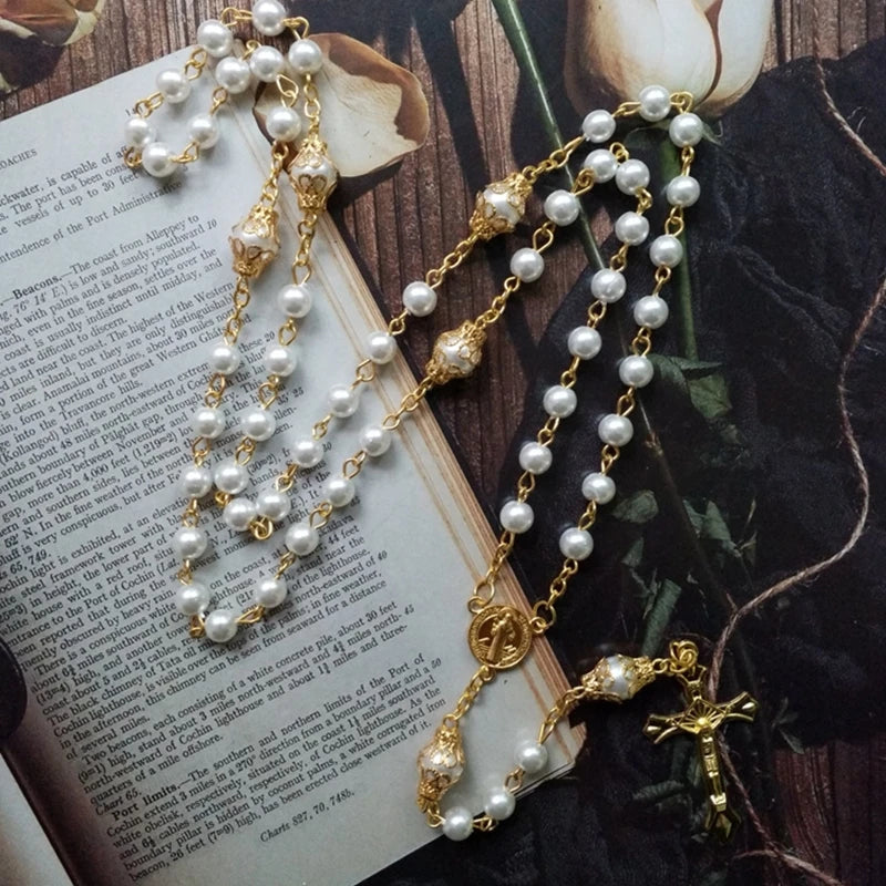 Elegant Faux Pearl Rosary Necklace