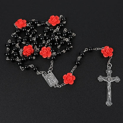 Pearl Rosary Necklace with Rose Beads and Cross Pendant