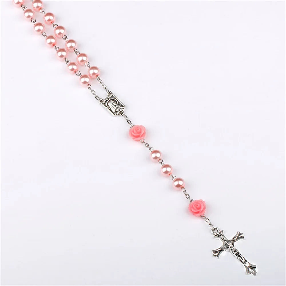 Rosary Necklace with Rose Glass Beads and Crucifix