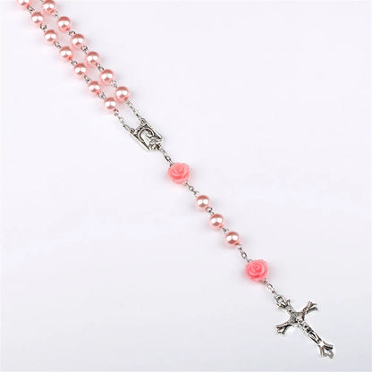 Rosary Necklace with Rose Glass Beads and Crucifix