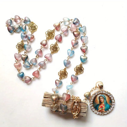 Crystal Heart-Shaped Rosary with Virgin Mary Pendant