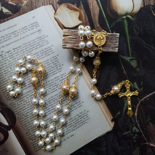 Elegant Faux Pearl Rosary Necklace