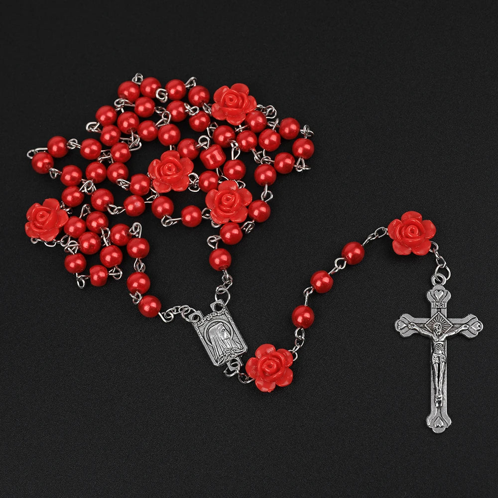 Pearl Rosary Necklace with Rose Beads and Cross Pendant