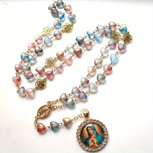 Crystal Heart-Shaped Rosary with Virgin Mary Pendant
