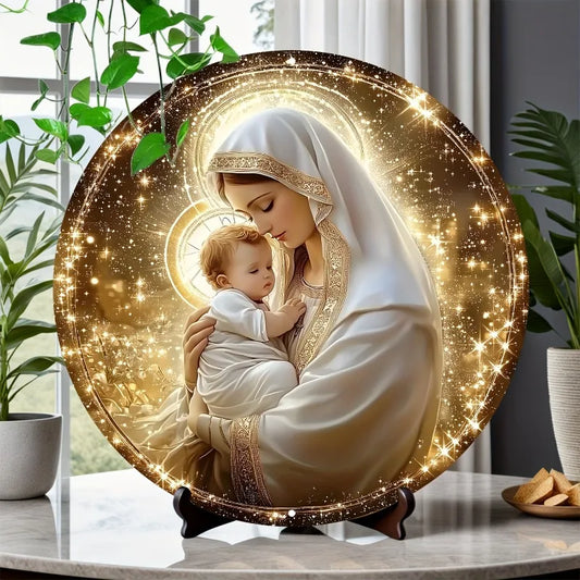 Round Aluminum Sign: Virgin Mary and Child Glowing Art