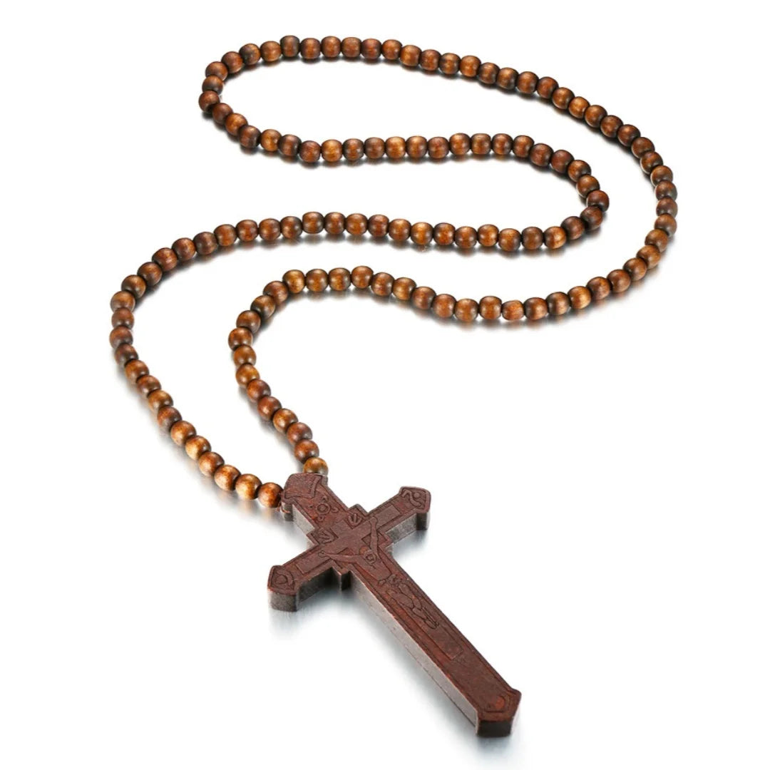Large Wooden Rosary Necklace with Jesus Christ Cross Pendant