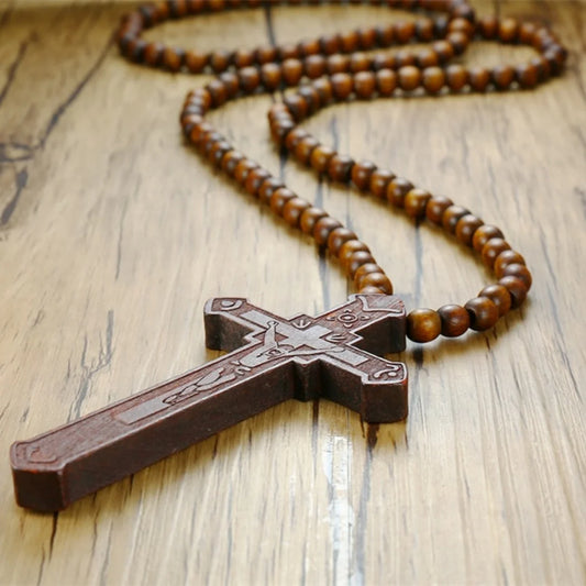 Large Wooden Rosary Necklace with Jesus Christ Cross Pendant