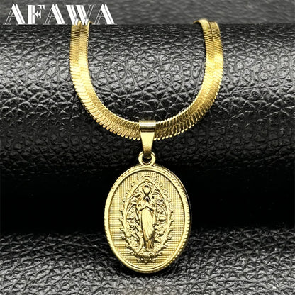 Gold Our Lady of Grace Necklace | Flat Snake Chain in Hypoallergenic Stainless Steel