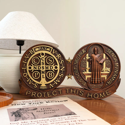 St. Benedict Medal Home Protection Plaque | Wooden Catholic Religious Decoration