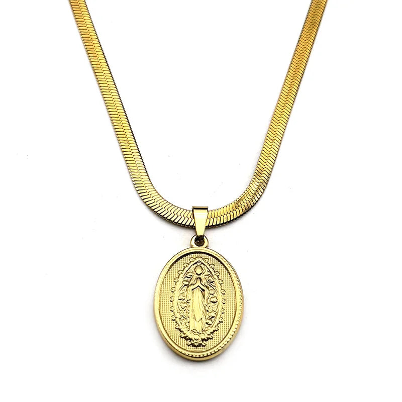 Gold Our Lady of Grace Necklace | Flat Snake Chain in Hypoallergenic Stainless Steel