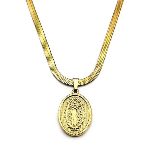 Gold Our Lady of Grace Necklace | Flat Snake Chain in Hypoallergenic Stainless Steel