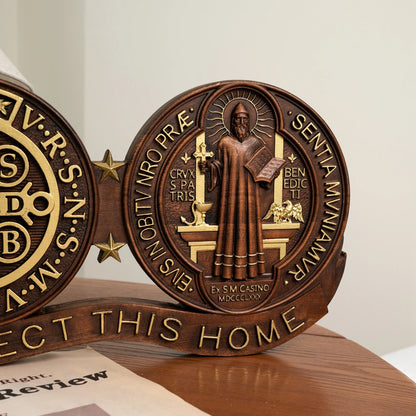 St. Benedict Medal Home Protection Plaque | Wooden Catholic Religious Decoration