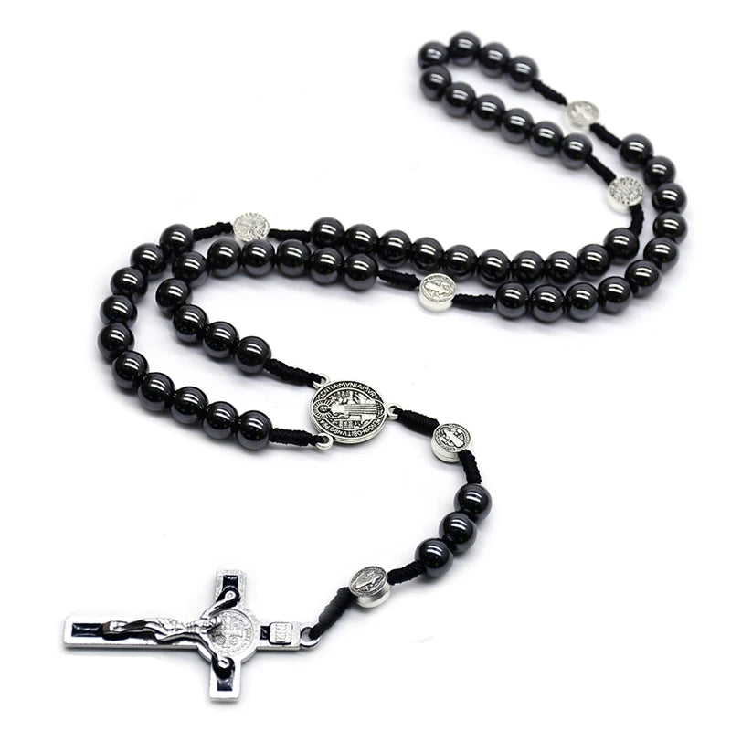 Saint Benedict Hematite Rosary | Vintage Crucifix Necklace for Men & Women