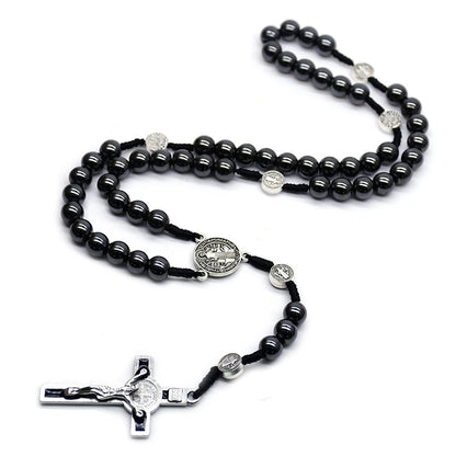 Saint Benedict Hematite Rosary | Vintage Crucifix Necklace for Men & Women
