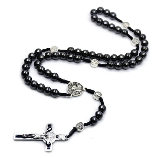 Saint Benedict Hematite Rosary | Vintage Crucifix Necklace for Men & Women