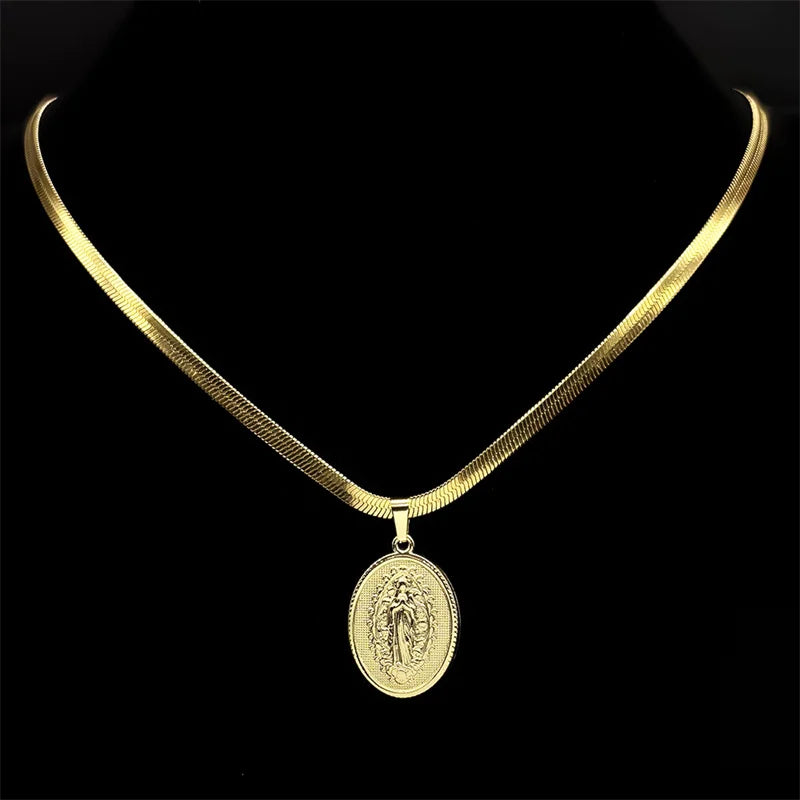 Gold Our Lady of Grace Necklace | Flat Snake Chain in Hypoallergenic Stainless Steel