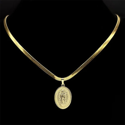 Gold Our Lady of Grace Necklace | Flat Snake Chain in Hypoallergenic Stainless Steel